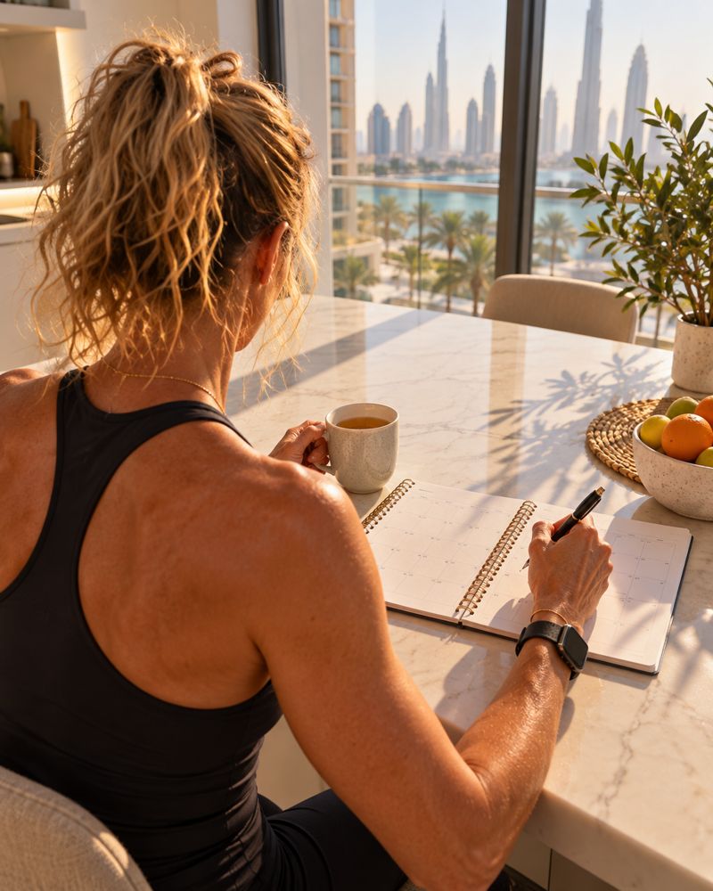 A journal, a calendar and a cup of tea on a wooden table