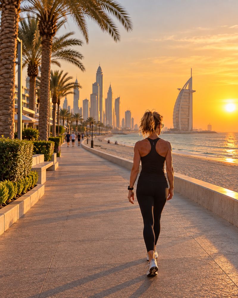 A woman seen from behind on a Dubai beach terrace at golden hour