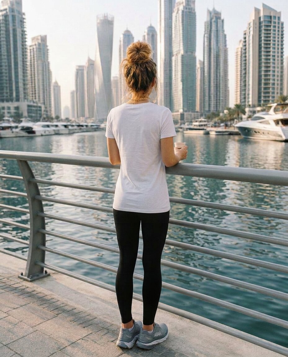 A woman seen from behind, looking out over the Dubai skyline
